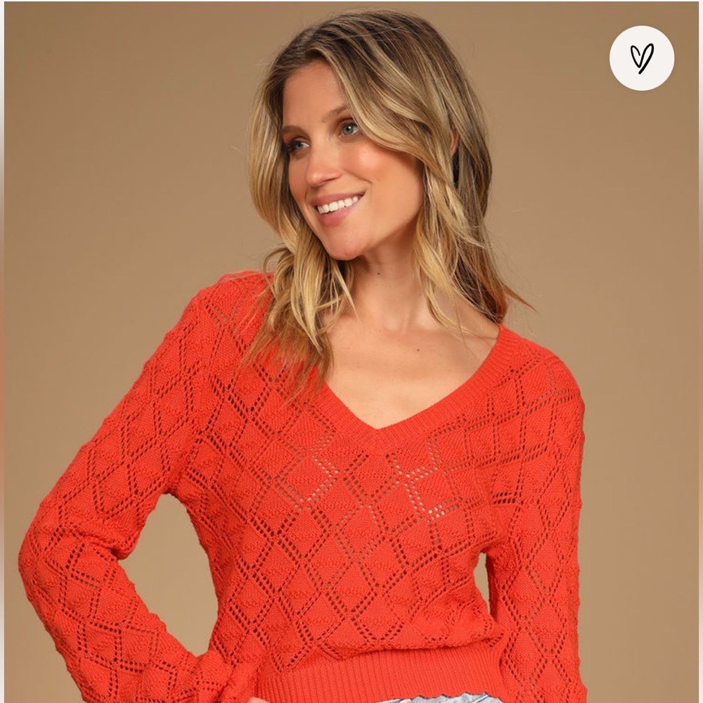 Boldest Beauty Coral Orange Pointelle Balloon Sleeve Sweater